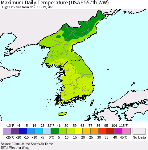 Korea Maximum Daily Temperature (USAF 557th WW) Thematic Map For 11/13/2023 - 11/19/2023