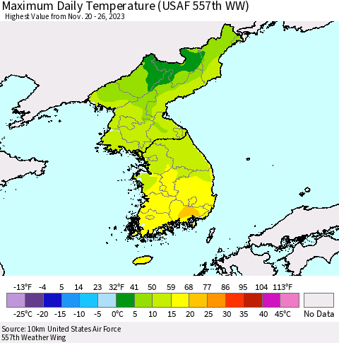 Korea Maximum Daily Temperature (USAF 557th WW) Thematic Map For 11/20/2023 - 11/26/2023