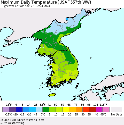 Korea Maximum Daily Temperature (USAF 557th WW) Thematic Map For 11/27/2023 - 12/3/2023