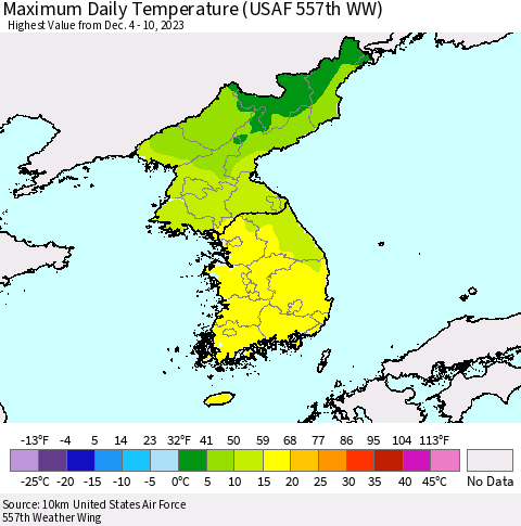 Korea Maximum Daily Temperature (USAF 557th WW) Thematic Map For 12/4/2023 - 12/10/2023