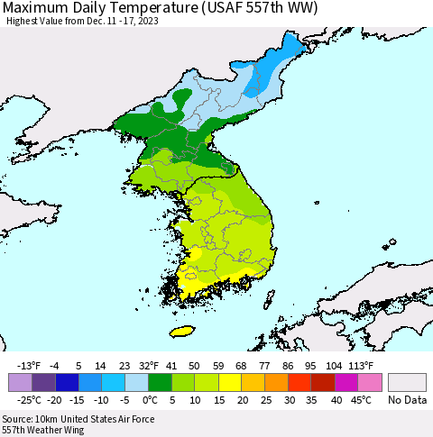 Korea Maximum Daily Temperature (USAF 557th WW) Thematic Map For 12/11/2023 - 12/17/2023