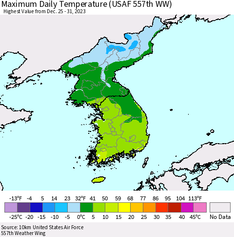 Korea Maximum Daily Temperature (USAF 557th WW) Thematic Map For 12/25/2023 - 12/31/2023