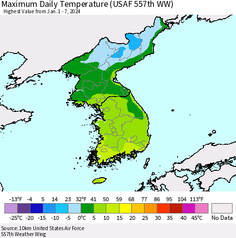 Korea Maximum Daily Temperature (USAF 557th WW) Thematic Map For 1/1/2024 - 1/7/2024