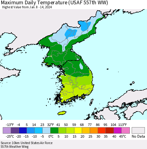 Korea Maximum Daily Temperature (USAF 557th WW) Thematic Map For 1/8/2024 - 1/14/2024