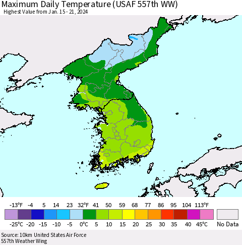 Korea Maximum Daily Temperature (USAF 557th WW) Thematic Map For 1/15/2024 - 1/21/2024