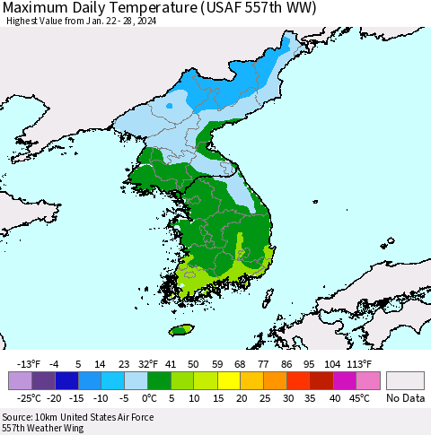 Korea Maximum Daily Temperature (USAF 557th WW) Thematic Map For 1/22/2024 - 1/28/2024