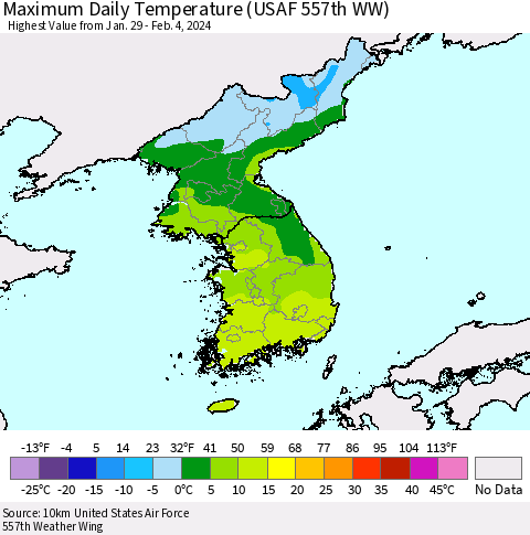 Korea Maximum Daily Temperature (USAF 557th WW) Thematic Map For 1/29/2024 - 2/4/2024