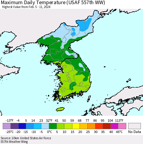 Korea Maximum Daily Temperature (USAF 557th WW) Thematic Map For 2/5/2024 - 2/11/2024