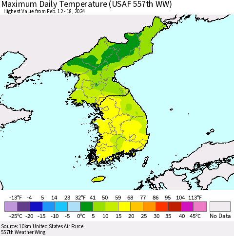 Korea Maximum Daily Temperature (USAF 557th WW) Thematic Map For 2/12/2024 - 2/18/2024