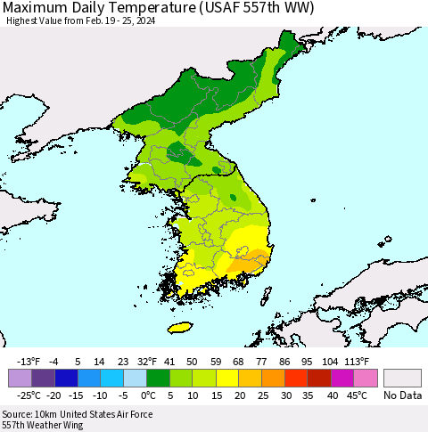 Korea Maximum Daily Temperature (USAF 557th WW) Thematic Map For 2/19/2024 - 2/25/2024