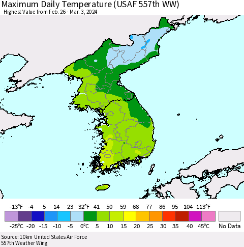 Korea Maximum Daily Temperature (USAF 557th WW) Thematic Map For 2/26/2024 - 3/3/2024