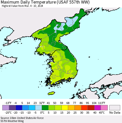 Korea Maximum Daily Temperature (USAF 557th WW) Thematic Map For 3/4/2024 - 3/10/2024