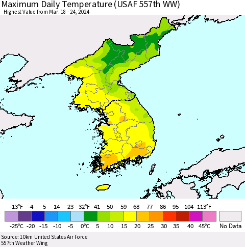 Korea Maximum Daily Temperature (USAF 557th WW) Thematic Map For 3/18/2024 - 3/24/2024