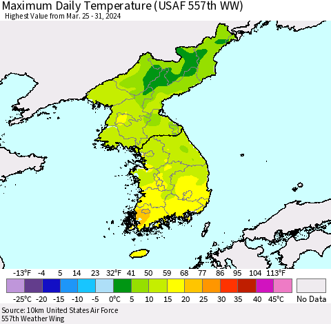 Korea Maximum Daily Temperature (USAF 557th WW) Thematic Map For 3/25/2024 - 3/31/2024