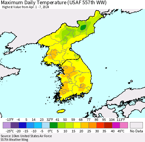 Korea Maximum Daily Temperature (USAF 557th WW) Thematic Map For 4/1/2024 - 4/7/2024