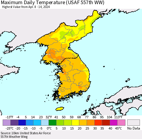 Korea Maximum Daily Temperature (USAF 557th WW) Thematic Map For 4/8/2024 - 4/14/2024