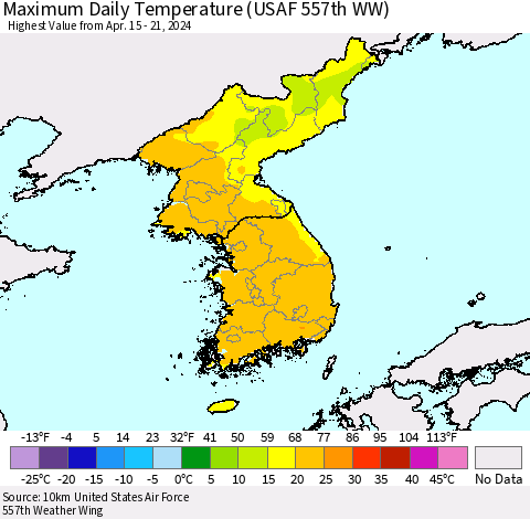 Korea Maximum Daily Temperature (USAF 557th WW) Thematic Map For 4/15/2024 - 4/21/2024