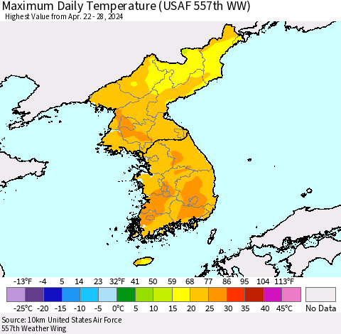 Korea Maximum Daily Temperature (USAF 557th WW) Thematic Map For 4/22/2024 - 4/28/2024