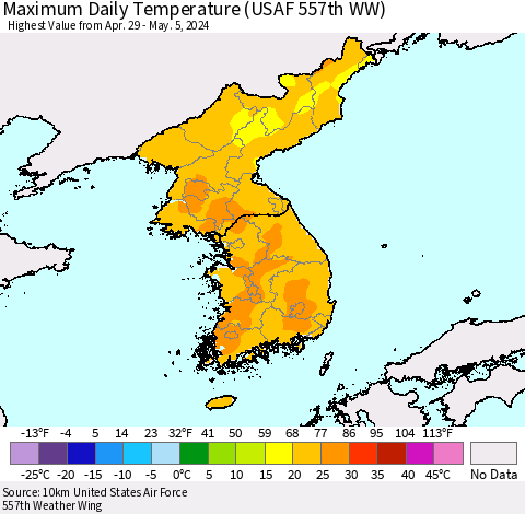 Korea Maximum Daily Temperature (USAF 557th WW) Thematic Map For 4/29/2024 - 5/5/2024