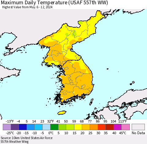 Korea Maximum Daily Temperature (USAF 557th WW) Thematic Map For 5/6/2024 - 5/12/2024