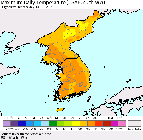Korea Maximum Daily Temperature (USAF 557th WW) Thematic Map For 5/13/2024 - 5/19/2024