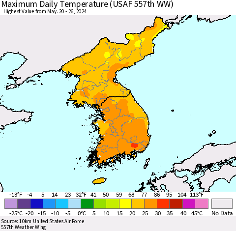 Korea Maximum Daily Temperature (USAF 557th WW) Thematic Map For 5/20/2024 - 5/26/2024