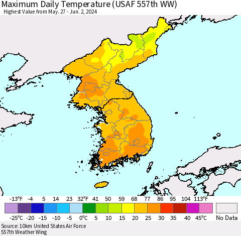 Korea Maximum Daily Temperature (USAF 557th WW) Thematic Map For 5/27/2024 - 6/2/2024