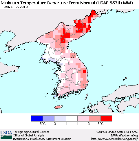 Korea Mean Minimum Temperature Departure from Normal (USAF 557th WW) Thematic Map For 1/1/2018 - 1/7/2018