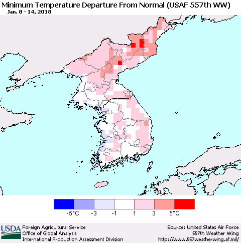 Korea Mean Minimum Temperature Departure from Normal (USAF 557th WW) Thematic Map For 1/8/2018 - 1/14/2018