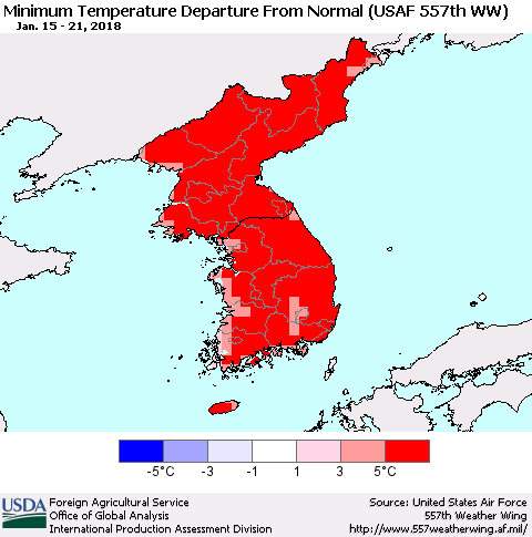 Korea Mean Minimum Temperature Departure from Normal (USAF 557th WW) Thematic Map For 1/15/2018 - 1/21/2018