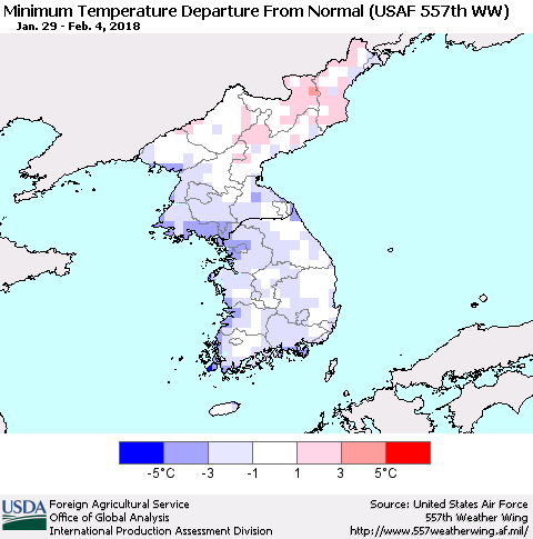 Korea Mean Minimum Temperature Departure from Normal (USAF 557th WW) Thematic Map For 1/29/2018 - 2/4/2018