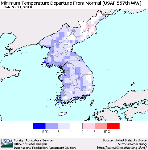 Korea Mean Minimum Temperature Departure from Normal (USAF 557th WW) Thematic Map For 2/5/2018 - 2/11/2018