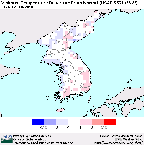 Korea Mean Minimum Temperature Departure from Normal (USAF 557th WW) Thematic Map For 2/12/2018 - 2/18/2018