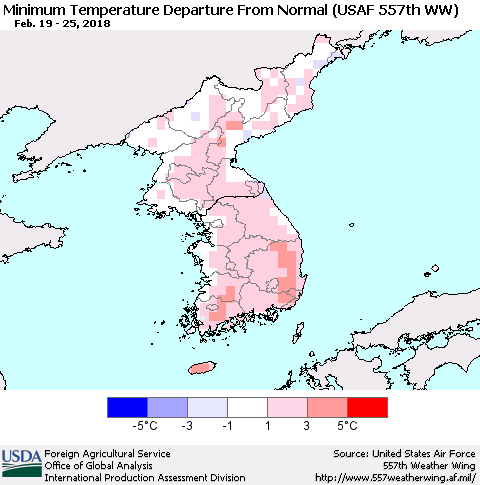 Korea Mean Minimum Temperature Departure from Normal (USAF 557th WW) Thematic Map For 2/19/2018 - 2/25/2018