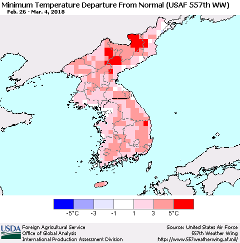 Korea Mean Minimum Temperature Departure from Normal (USAF 557th WW) Thematic Map For 2/26/2018 - 3/4/2018