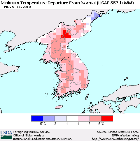 Korea Mean Minimum Temperature Departure from Normal (USAF 557th WW) Thematic Map For 3/5/2018 - 3/11/2018