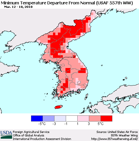 Korea Mean Minimum Temperature Departure from Normal (USAF 557th WW) Thematic Map For 3/12/2018 - 3/18/2018
