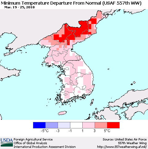Korea Mean Minimum Temperature Departure from Normal (USAF 557th WW) Thematic Map For 3/19/2018 - 3/25/2018