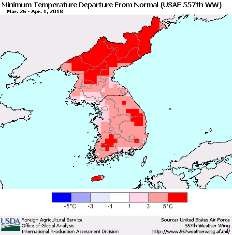 Korea Mean Minimum Temperature Departure from Normal (USAF 557th WW) Thematic Map For 3/26/2018 - 4/1/2018