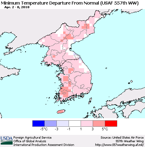 Korea Mean Minimum Temperature Departure from Normal (USAF 557th WW) Thematic Map For 4/2/2018 - 4/8/2018