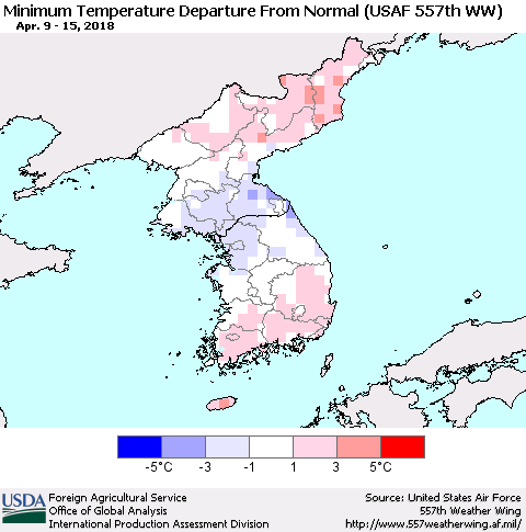 Korea Mean Minimum Temperature Departure from Normal (USAF 557th WW) Thematic Map For 4/9/2018 - 4/15/2018