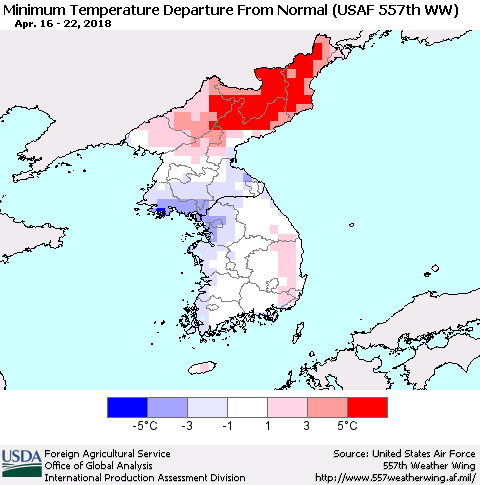 Korea Mean Minimum Temperature Departure from Normal (USAF 557th WW) Thematic Map For 4/16/2018 - 4/22/2018