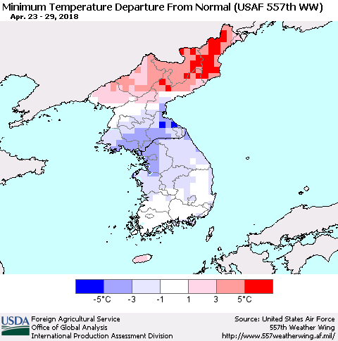 Korea Mean Minimum Temperature Departure from Normal (USAF 557th WW) Thematic Map For 4/23/2018 - 4/29/2018