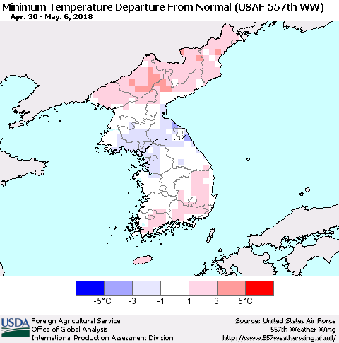 Korea Mean Minimum Temperature Departure from Normal (USAF 557th WW) Thematic Map For 4/30/2018 - 5/6/2018