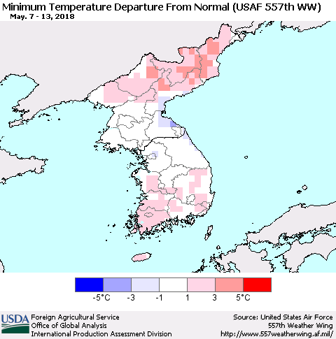 Korea Mean Minimum Temperature Departure from Normal (USAF 557th WW) Thematic Map For 5/7/2018 - 5/13/2018