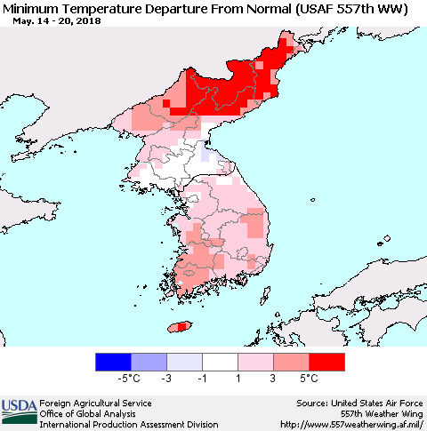 Korea Mean Minimum Temperature Departure from Normal (USAF 557th WW) Thematic Map For 5/14/2018 - 5/20/2018