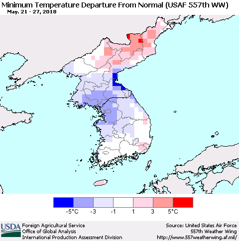 Korea Mean Minimum Temperature Departure from Normal (USAF 557th WW) Thematic Map For 5/21/2018 - 5/27/2018