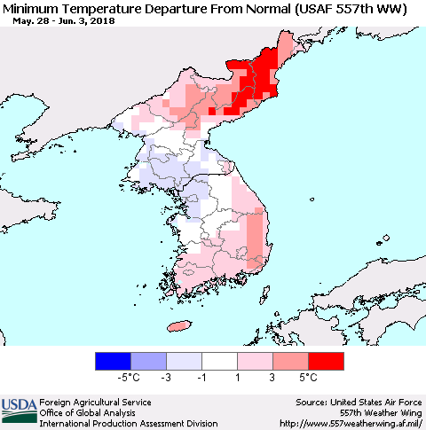 Korea Mean Minimum Temperature Departure from Normal (USAF 557th WW) Thematic Map For 5/28/2018 - 6/3/2018