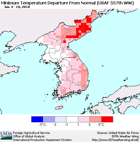 Korea Mean Minimum Temperature Departure from Normal (USAF 557th WW) Thematic Map For 6/4/2018 - 6/10/2018
