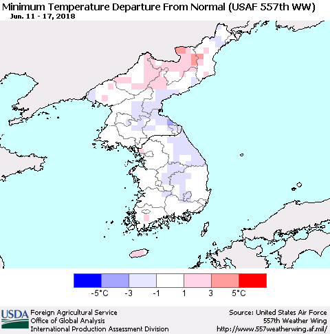 Korea Mean Minimum Temperature Departure from Normal (USAF 557th WW) Thematic Map For 6/11/2018 - 6/17/2018
